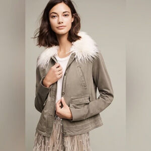 Anthropologie Marrakech Faux Fur Collared Green Cadet Jacket Medium